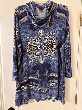 Multiples Blue & Cream Mixed Print Cowl Neck Tunic